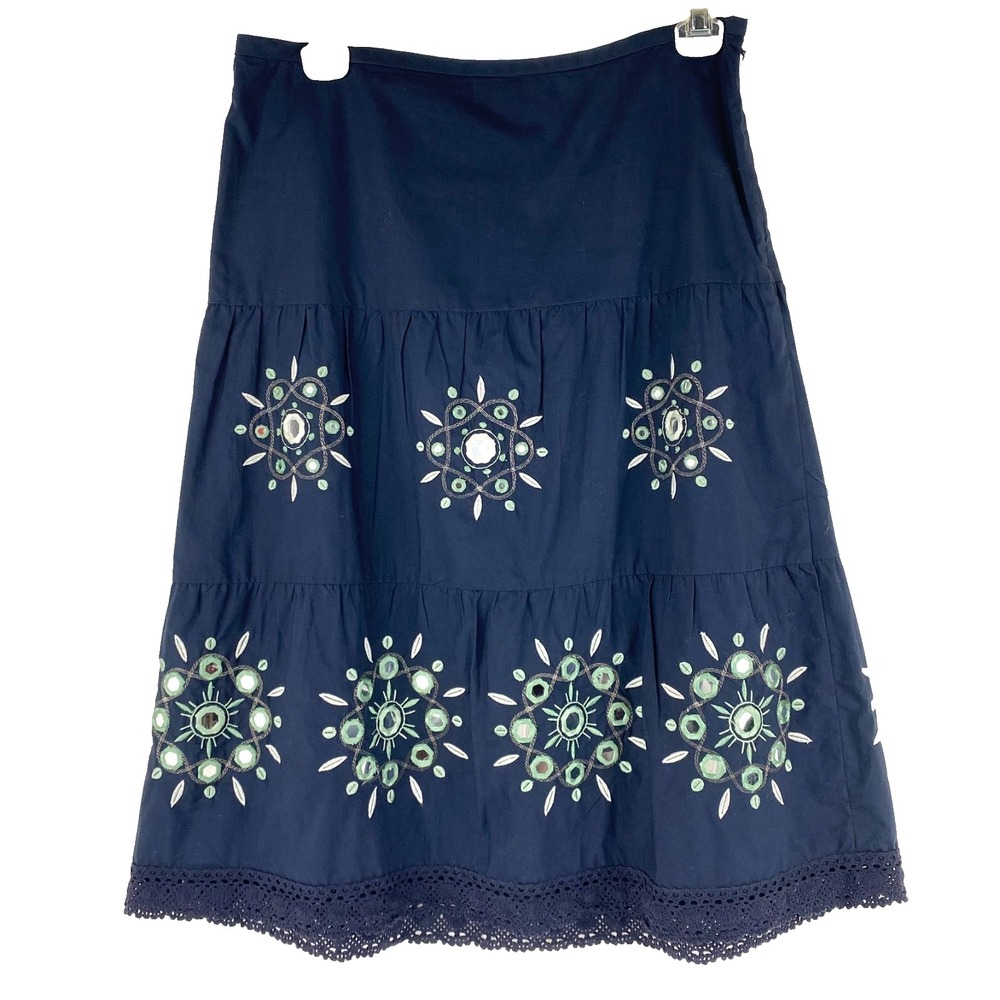 Ann Taylor Loft Tiered Skirt Petites 2 Navy Blue Mirrored Embroidered Lace Fine